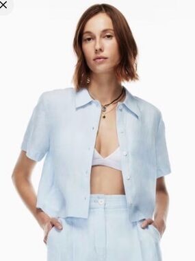 Wilfred Gelato Short Sleeve Organic Linen Shirt Blue Size XL Aritzia #98304